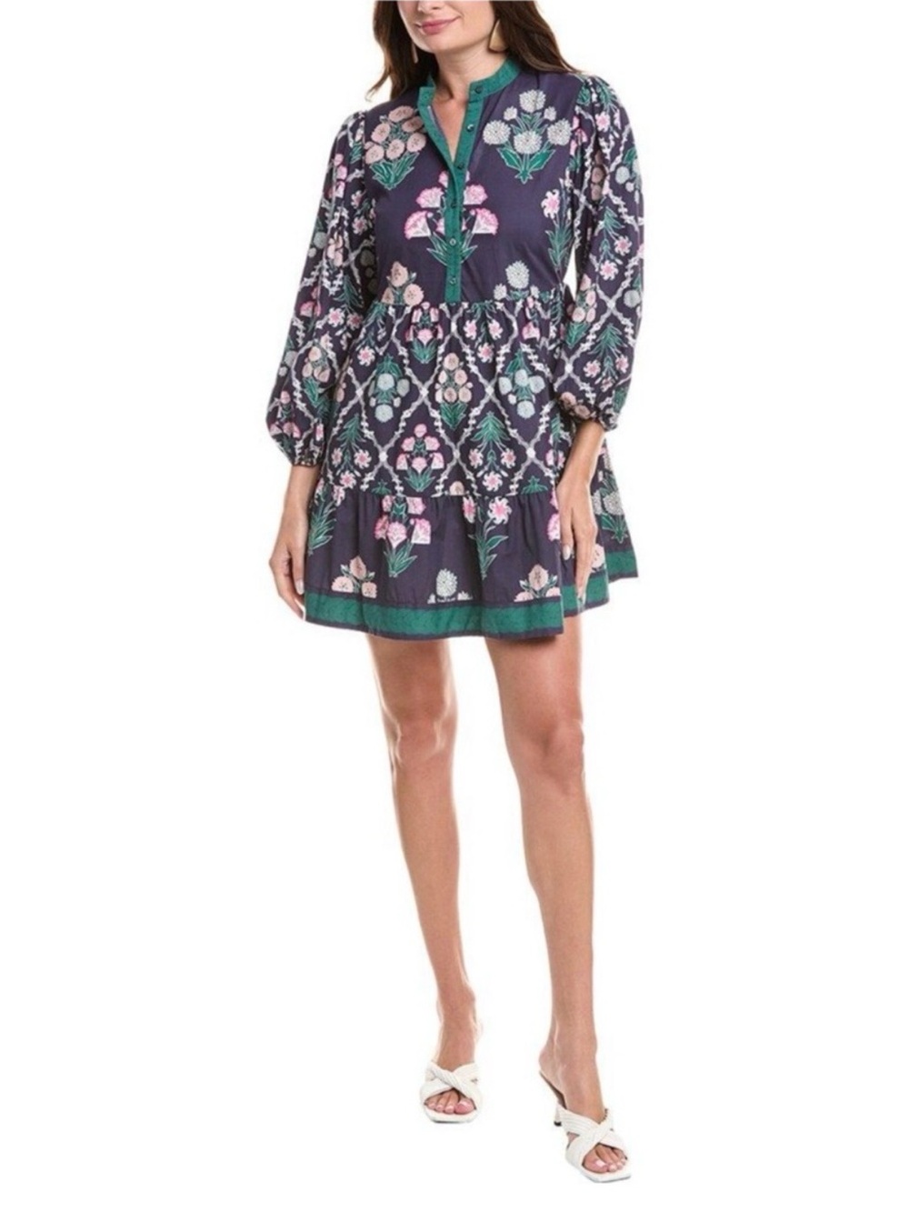 Size Small CELINA MOON Navy Floral Tiered Midi Dress with Green Trim